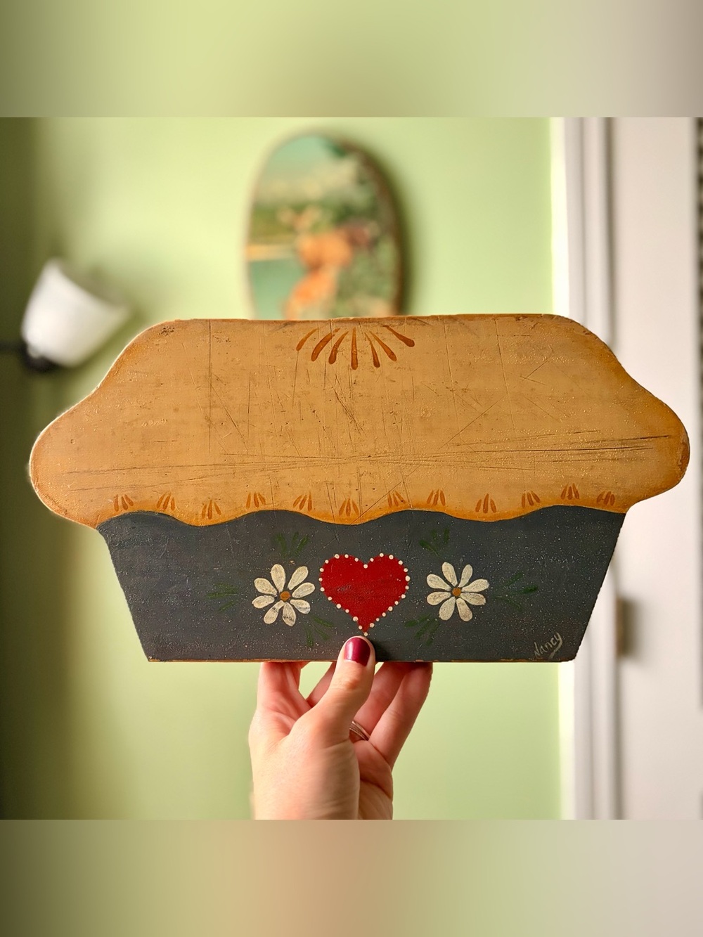 Rustic Retro Wood Hand Painted Pie with Daisy Florals and Heart Cottagecore Art